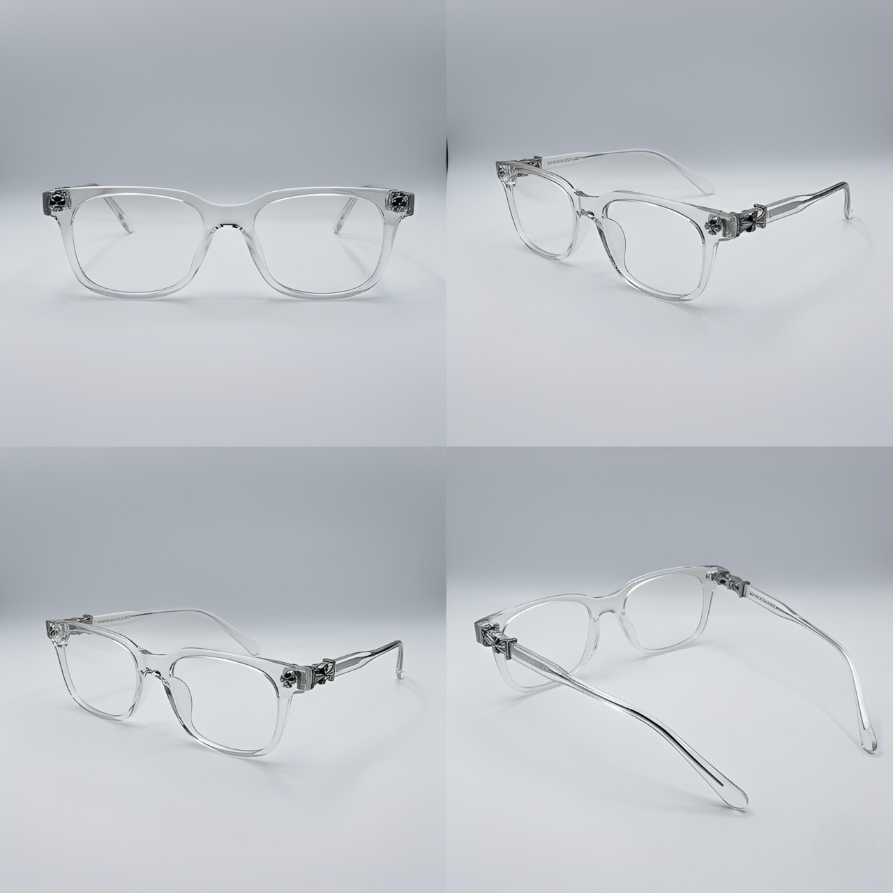 Four different angles of clear eyeglasses on a light gray background